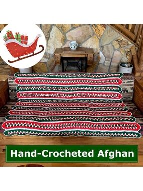 Hand-Crocheted Holiday Christmas Scalloped Edge Afghan Blanket Throw (62” x 54”)